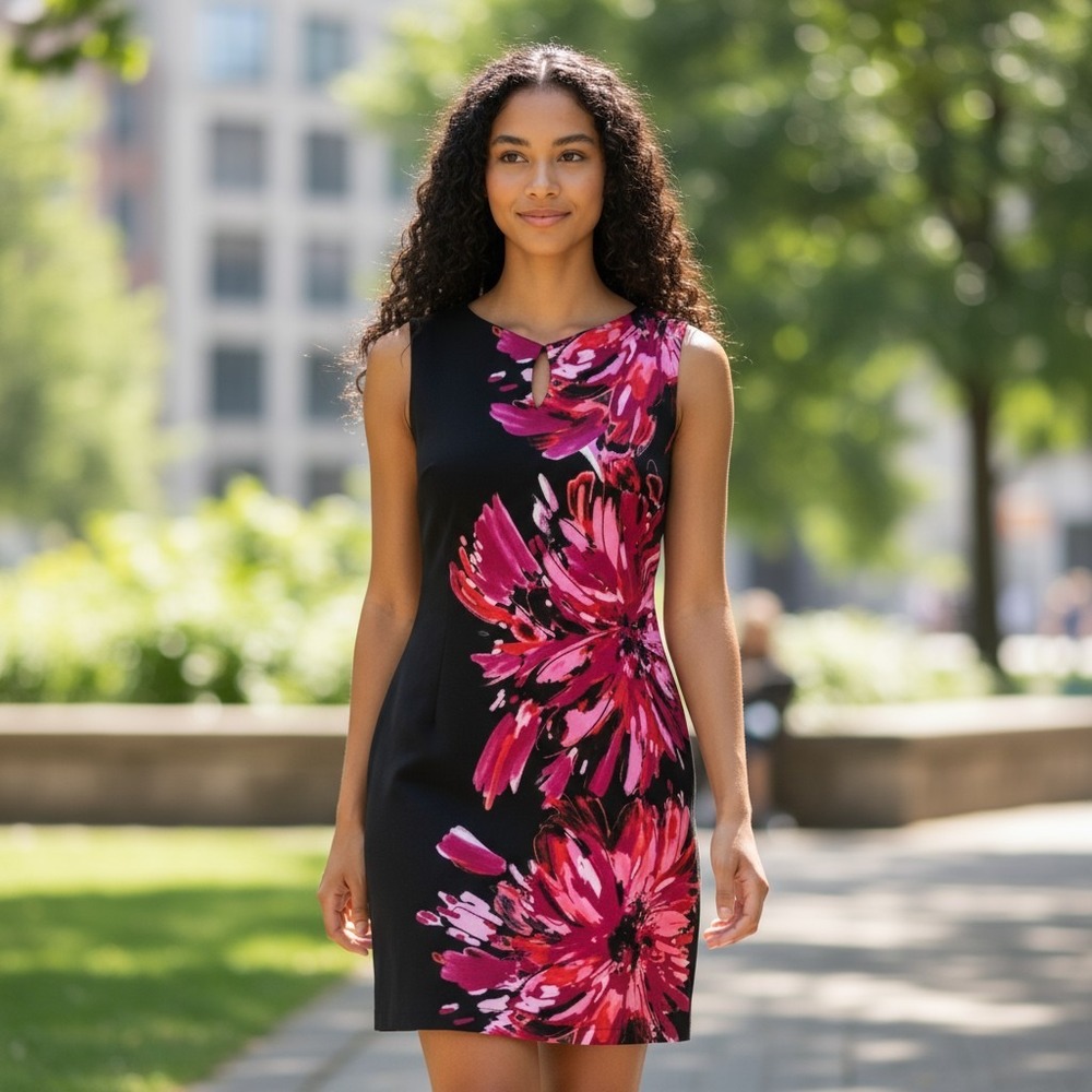 London Style Women's Black Sheath Dress Floral Print Side Zip Sleeveless sz.6